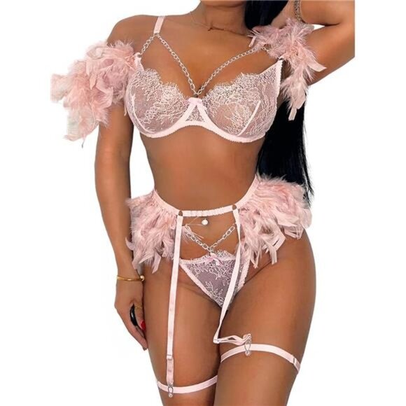 Chain Feather Lingerie, Eyelash Floral Lace, Underwire, Thong, 4 Pieces